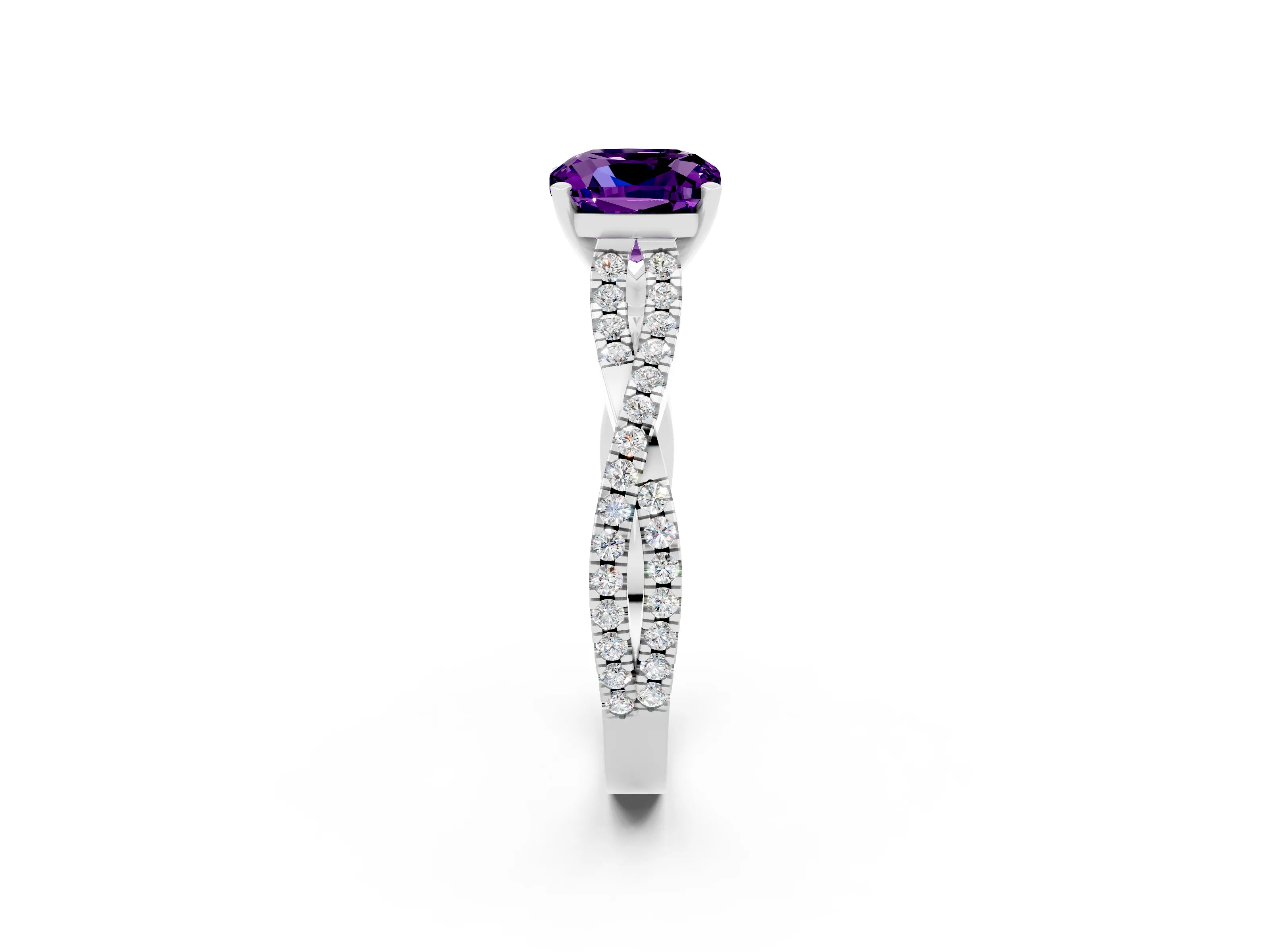 White gold Cushion Cut Amethyst Solitaire Engagement Ring with Twisted Pavé Band and Four-Prong Setting_14