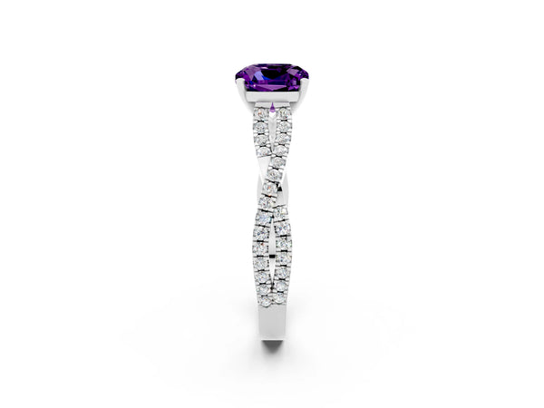 White gold Cushion Cut Amethyst Solitaire Engagement Ring with Twisted Pavé Band and Four-Prong Setting