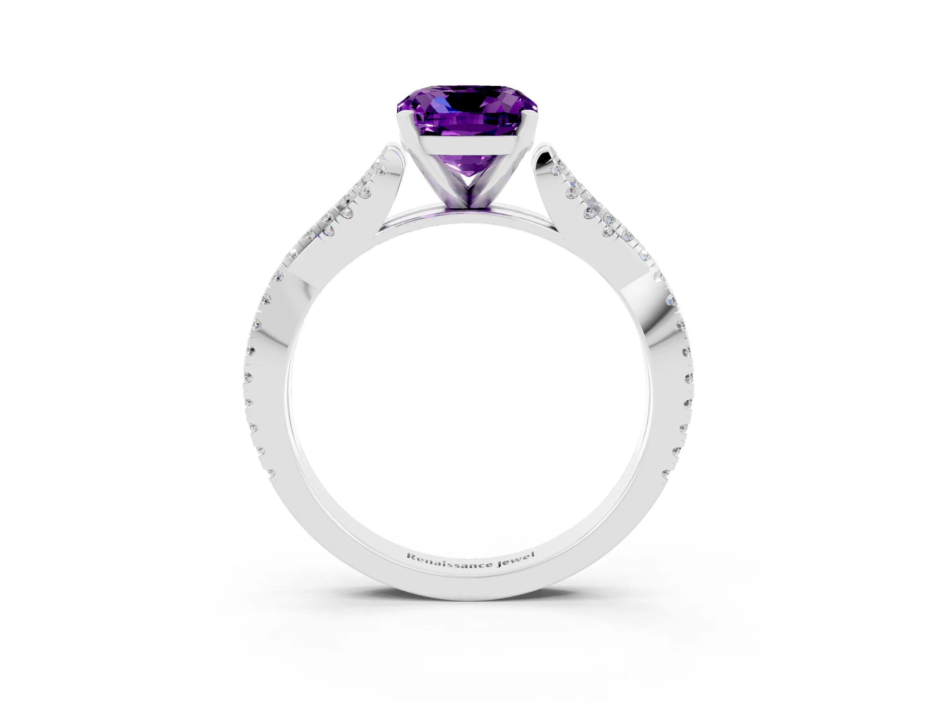 White gold Cushion Cut Amethyst Solitaire Engagement Ring with Twisted Pavé Band and Four-Prong Setting_15