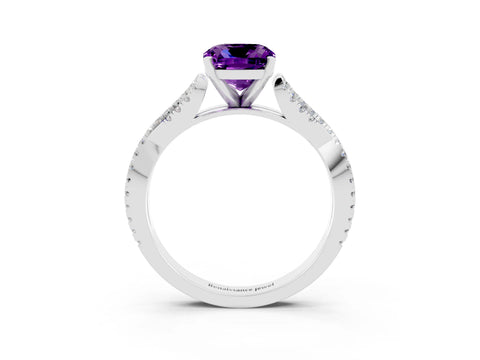 White gold Cushion Cut Amethyst Solitaire Engagement Ring with Twisted Pavé Band and Four-Prong Setting_15