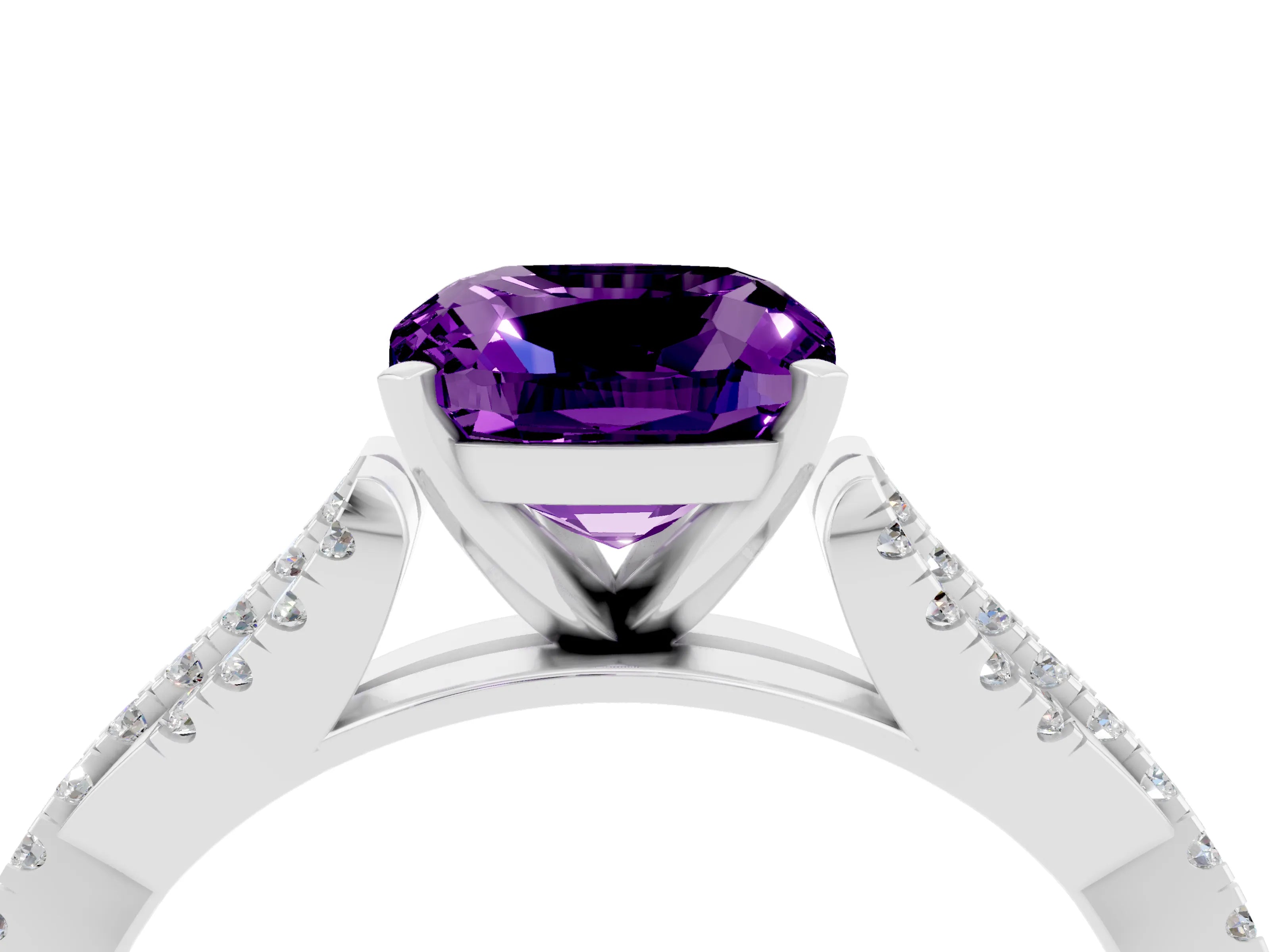 White gold Cushion Cut Amethyst Solitaire Engagement Ring with Twisted Pavé Band and Four-Prong Setting_16