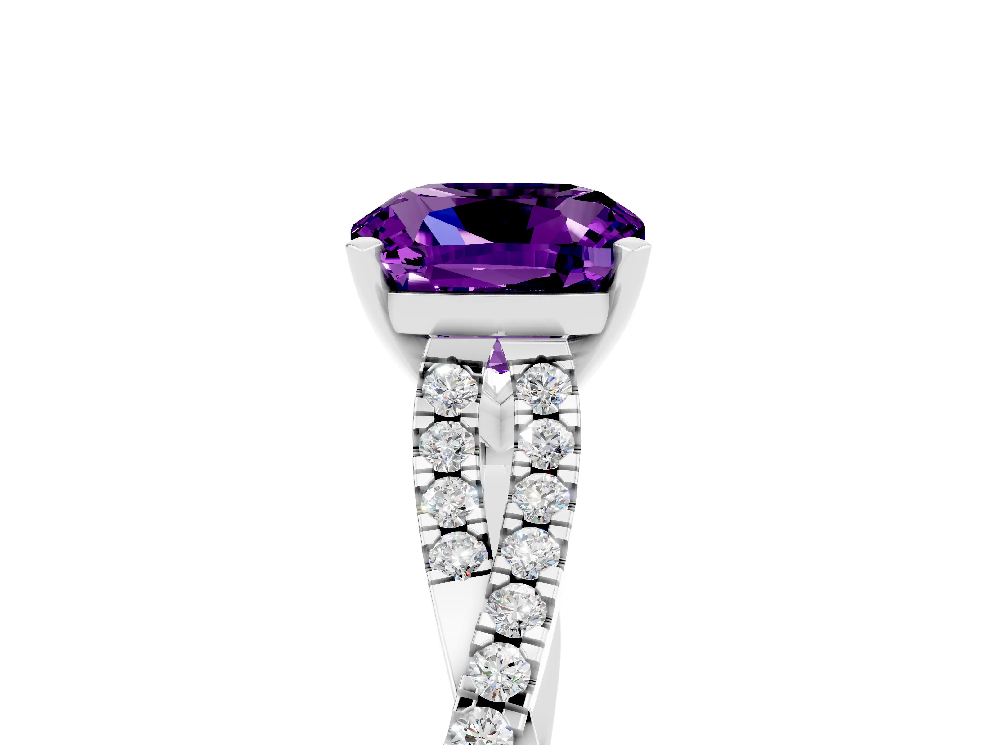 White gold Cushion Cut Amethyst Solitaire Engagement Ring with Twisted Pavé Band and Four-Prong Setting_17