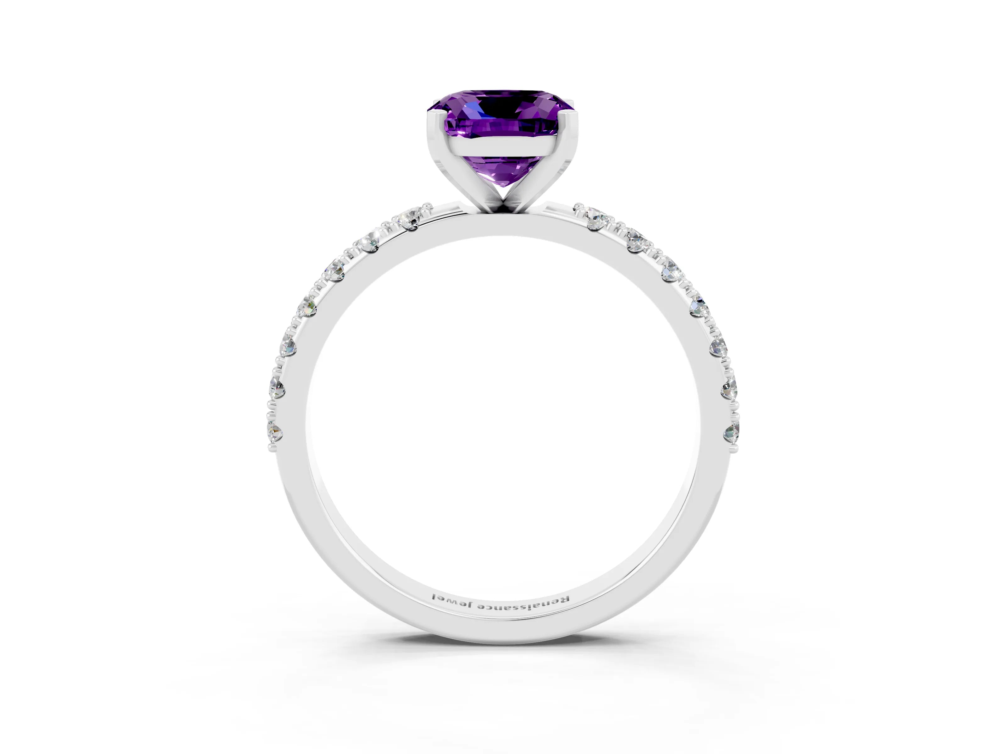 White gold Cushion Cut Amethyst Solitaire Pavé Band with Four-Prong Setting_3