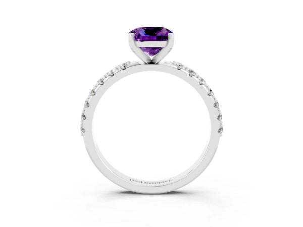 White gold Cushion Cut Amethyst Solitaire Pavé Band with Four-Prong Setting