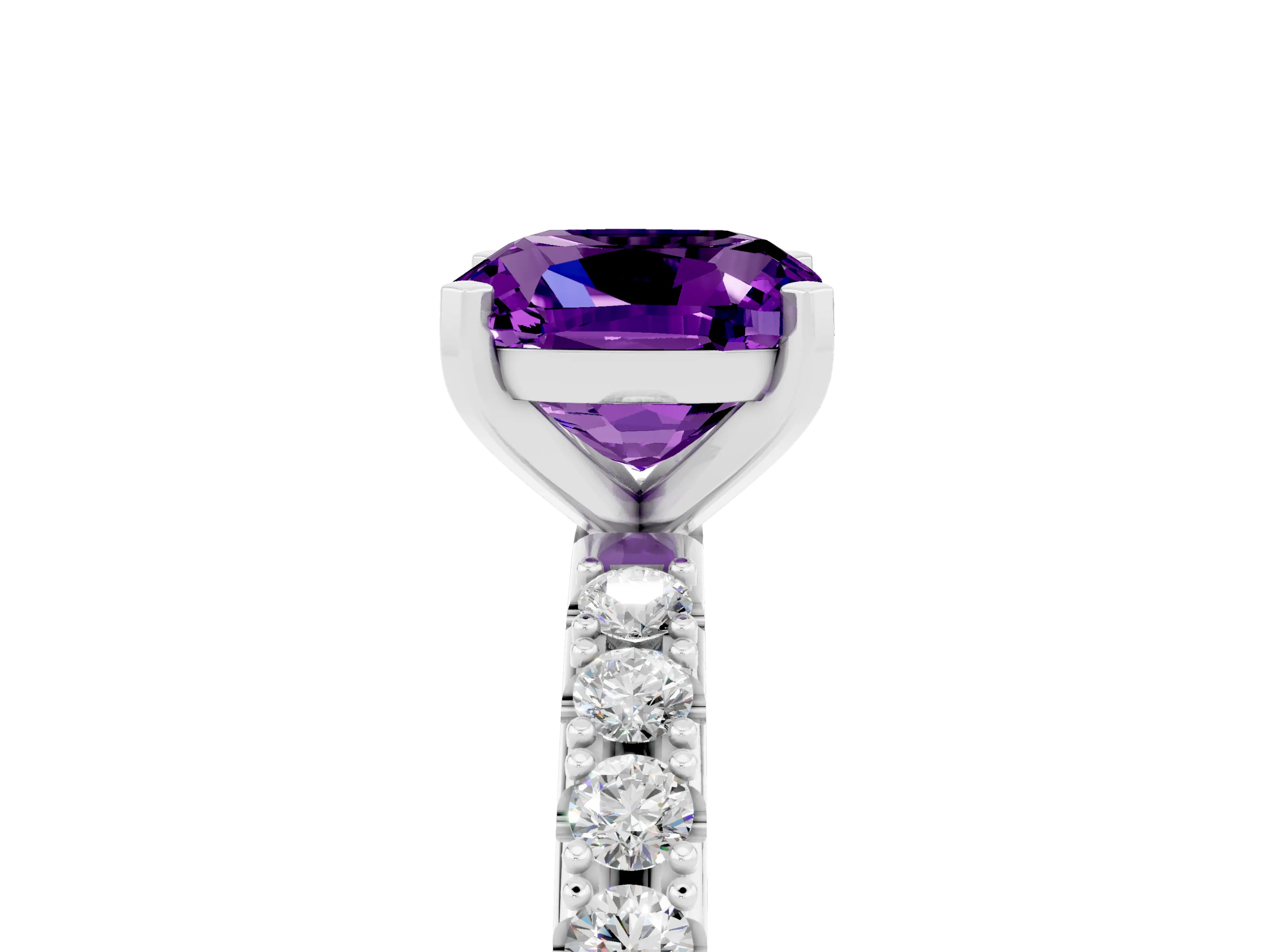 White gold Cushion Cut Amethyst Solitaire Pavé Band with Four-Prong Setting_5