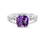White gold Cushion Cut Amethyst Solitaire Pavé Band with Four-Prong Setting