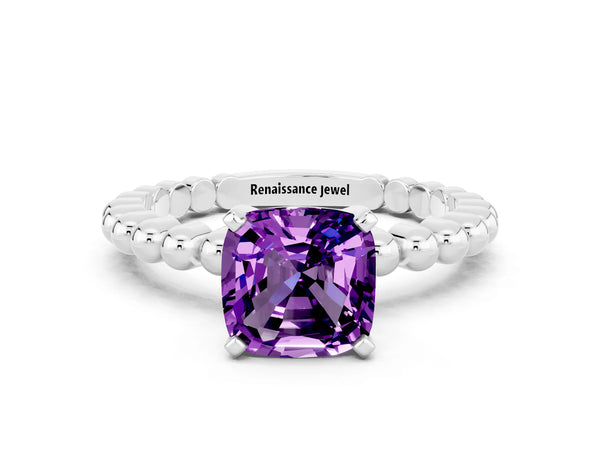 Platinum Cushion Cut Amethyst Solitaire Ring with Beaded Band and Prong Setting