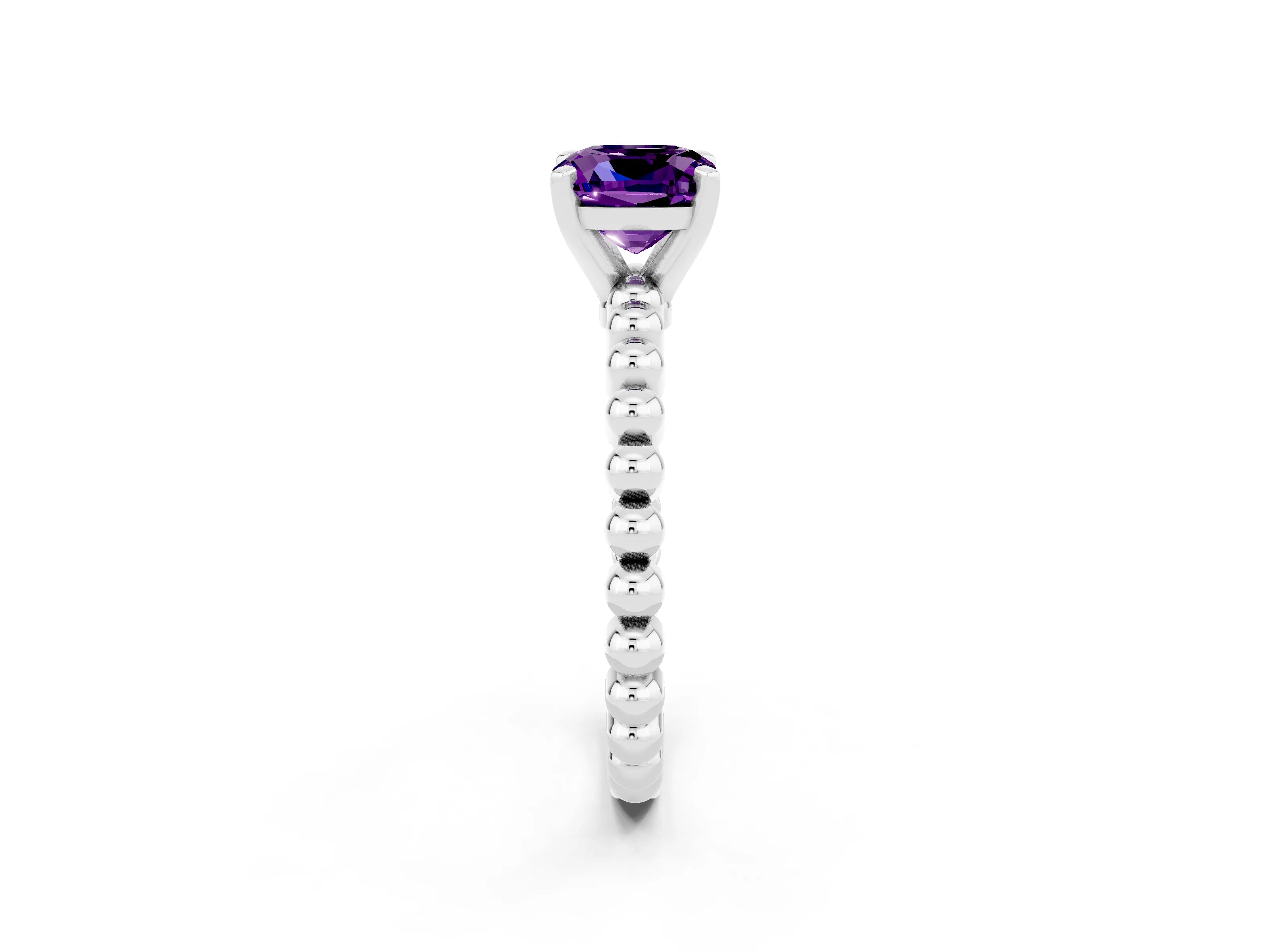 White gold Cushion Cut Amethyst Solitaire Ring with Beaded Band and Prong Setting_32