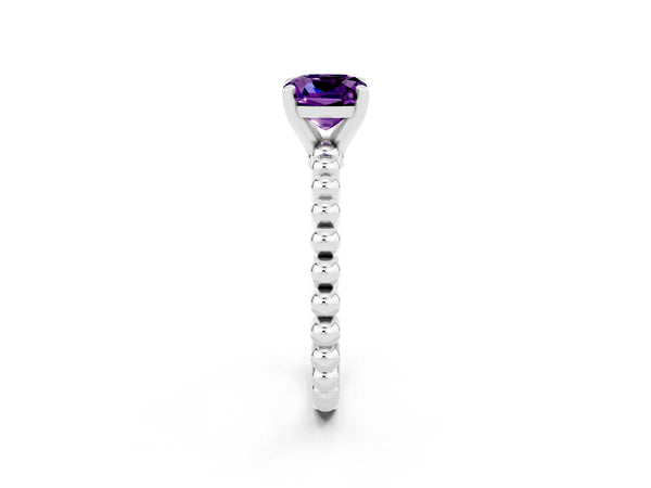 Silver Cushion Cut Amethyst Solitaire Ring with Beaded Band and Prong Setting