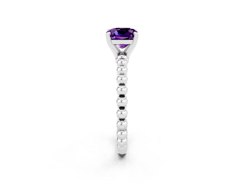 White gold Cushion Cut Amethyst Solitaire Ring with Beaded Band and Prong Setting_32