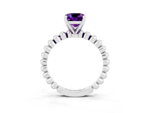 White gold Cushion Cut Amethyst Solitaire Ring with Beaded Band and Prong Setting_33