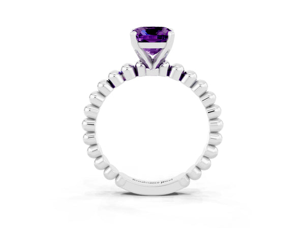 Platinum Cushion Cut Amethyst Solitaire Ring with Beaded Band and Prong Setting