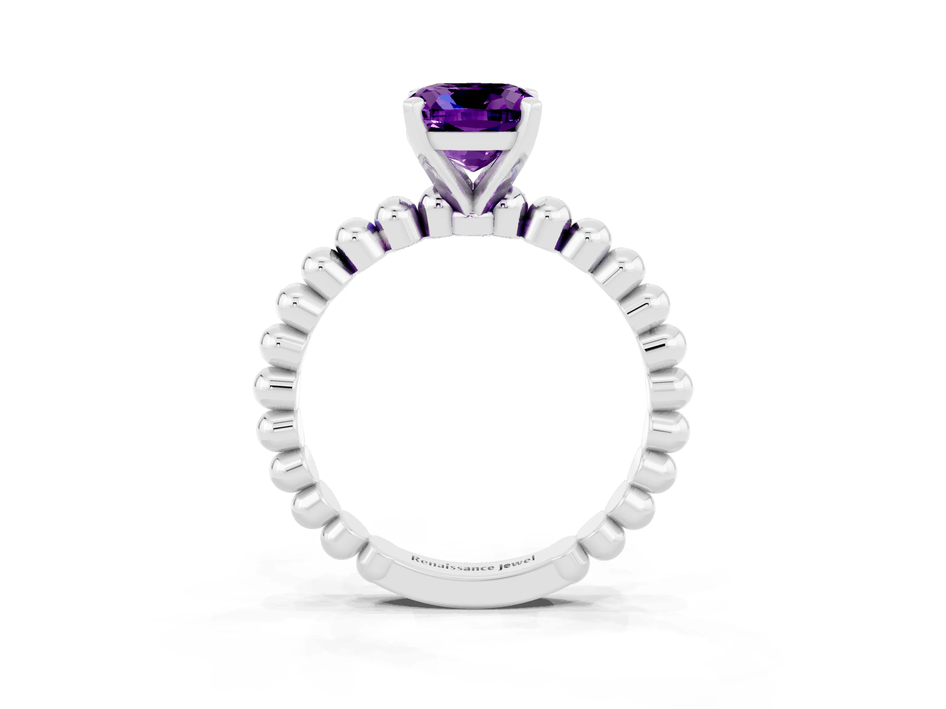 White gold Cushion Cut Amethyst Solitaire Ring with Beaded Band and Prong Setting_45
