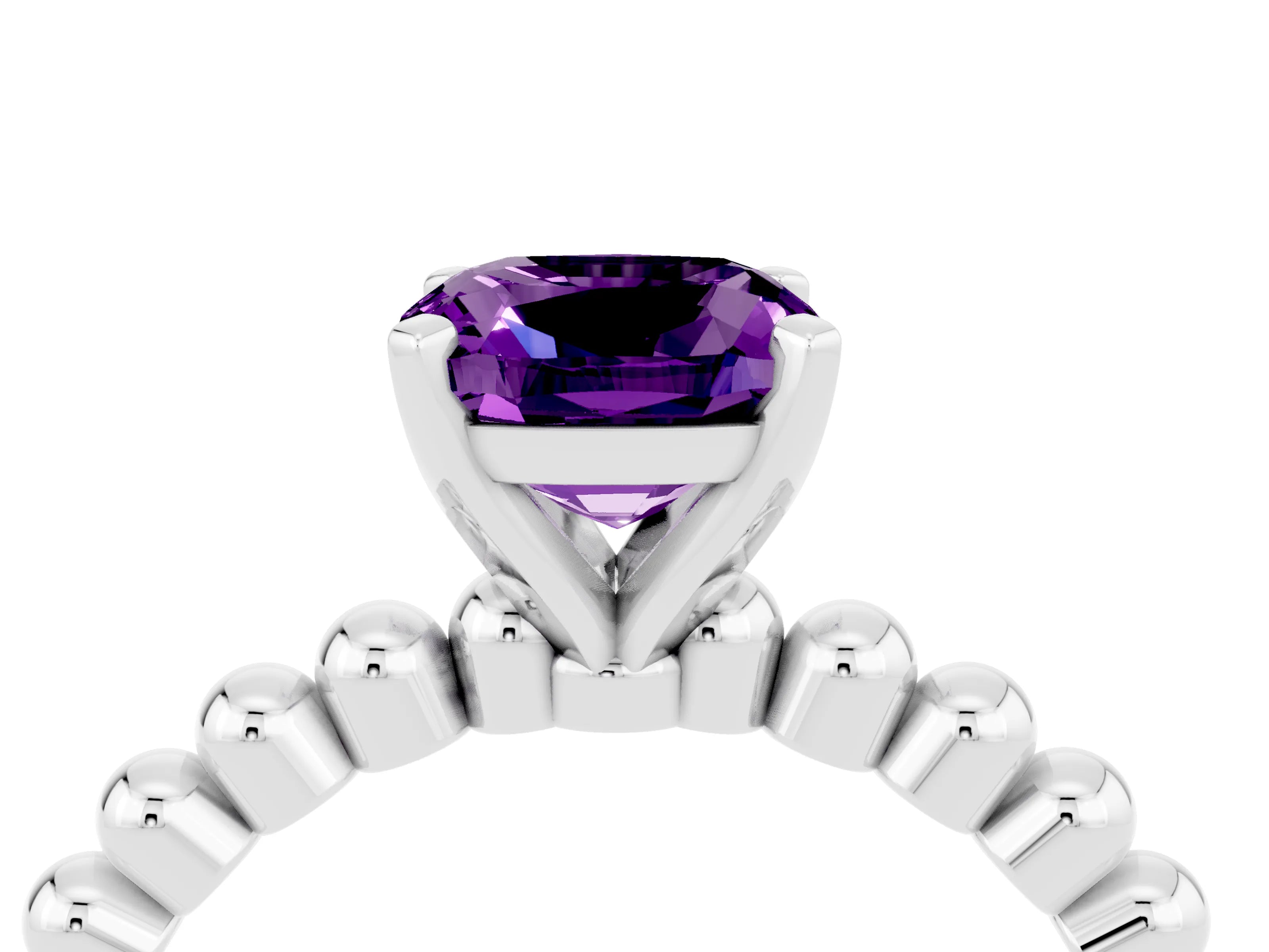 White gold Cushion Cut Amethyst Solitaire Ring with Beaded Band and Prong Setting_46