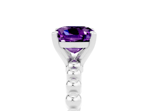 White gold Cushion Cut Amethyst Solitaire Ring with Beaded Band and Prong Setting_47
