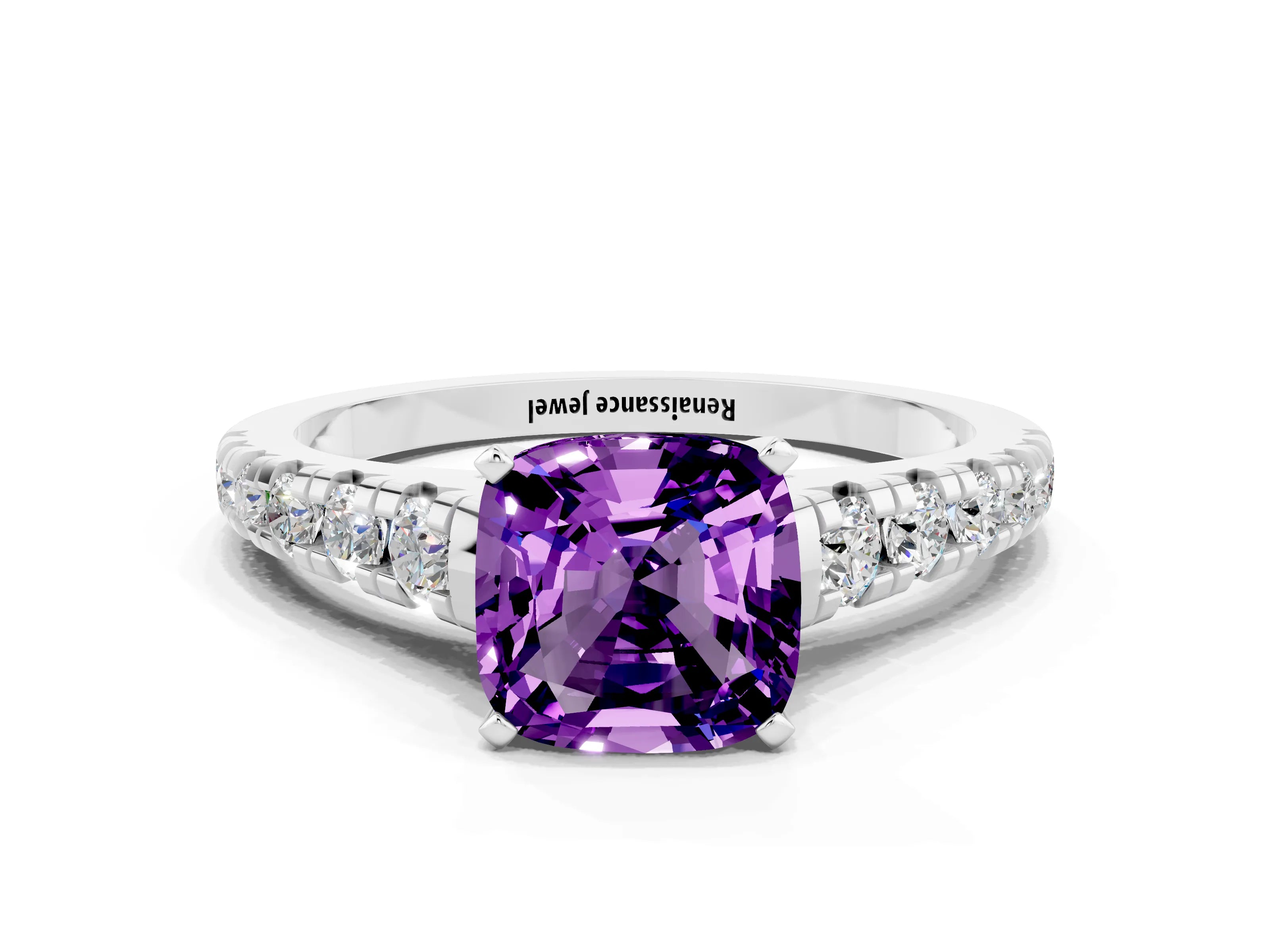 White gold Cushion Cut Amethyst Solitaire Ring with Cathedral Setting and Pavé Band