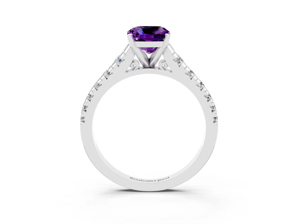 Platinum Cushion Cut Amethyst Cathedral Solitaire Ring with Round  Pavé Band