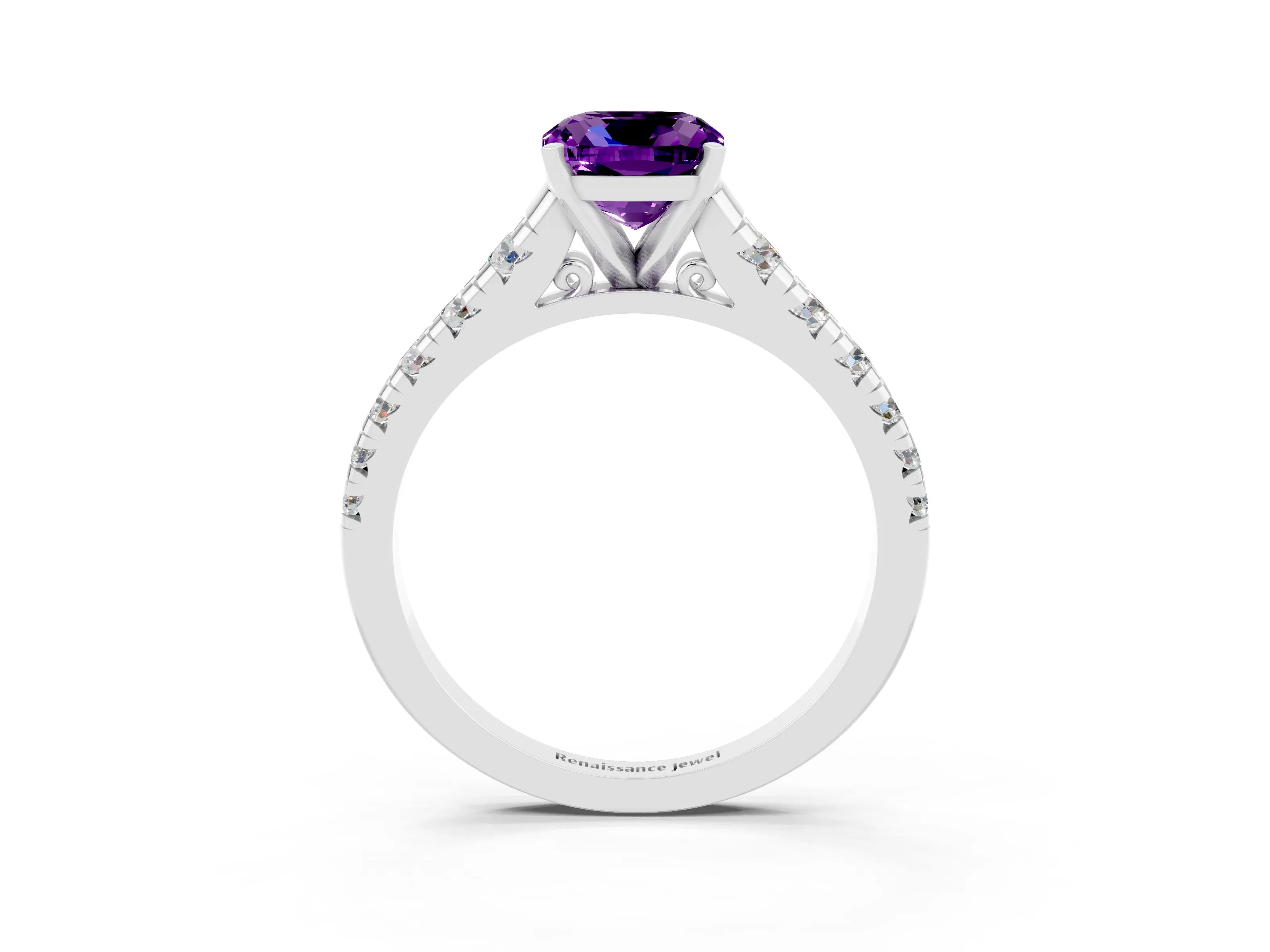 White gold Cushion Cut Amethyst Solitaire Ring with Cathedral Setting and Pavé Band_3
