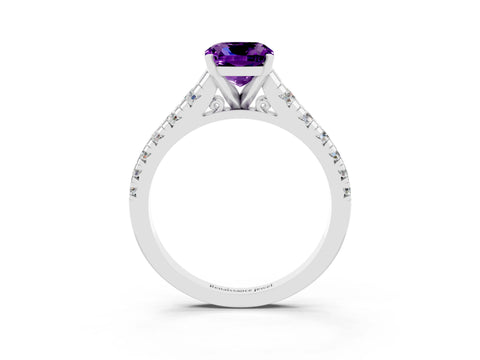 White gold Cushion Cut Amethyst Solitaire Ring with Cathedral Setting and Pavé Band_3