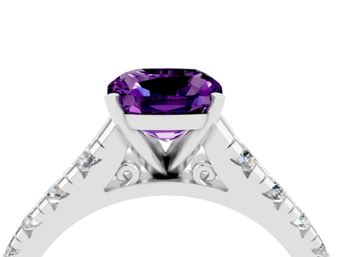 White gold Cushion Cut Amethyst Solitaire Ring with Cathedral Setting and Pavé Band_4