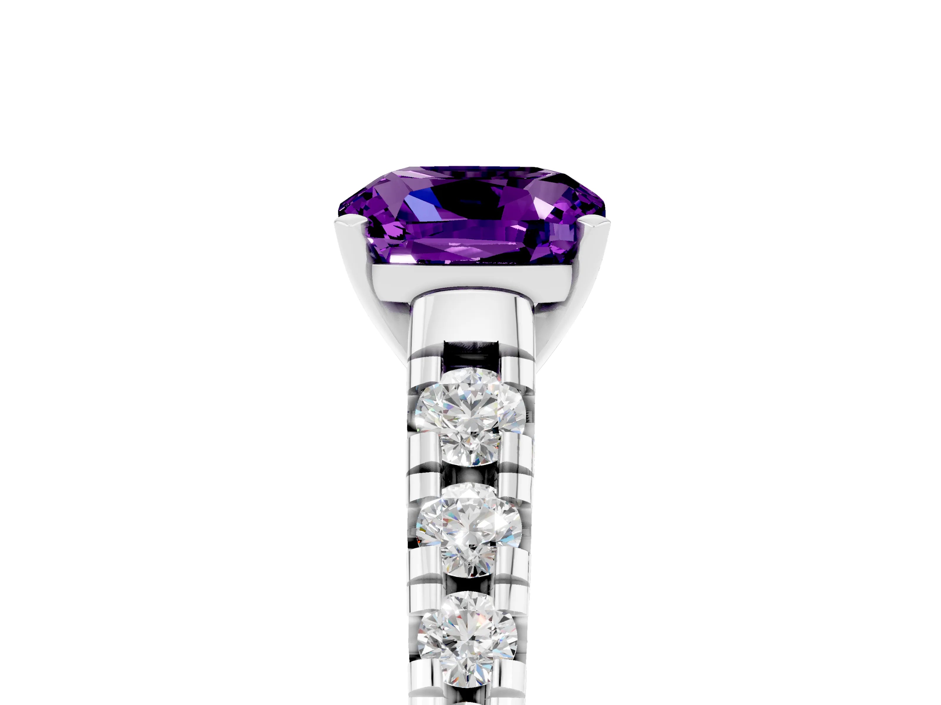 White gold Cushion Cut Amethyst Solitaire Ring with Cathedral Setting and Pavé Band_5