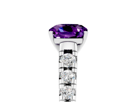 White gold Cushion Cut Amethyst Solitaire Ring with Cathedral Setting and Pavé Band_5