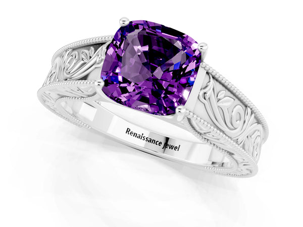 White gold Cushion Cut Amethyst Solitaire Ring with Engraved Band and Four-Prong Setting