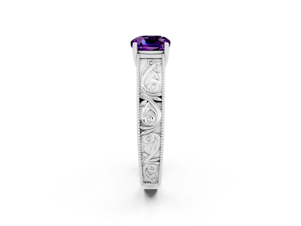 Platinum Cushion Cut Amethyst Solitaire Ring with Engraved Band and Four-Prong Setting