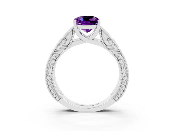 Platinum Cushion Cut Amethyst Solitaire Ring with Engraved Band and Four-Prong Setting