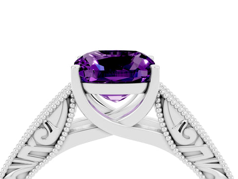 White gold Cushion Cut Amethyst Solitaire Ring with Engraved Band and Four-Prong Setting_4