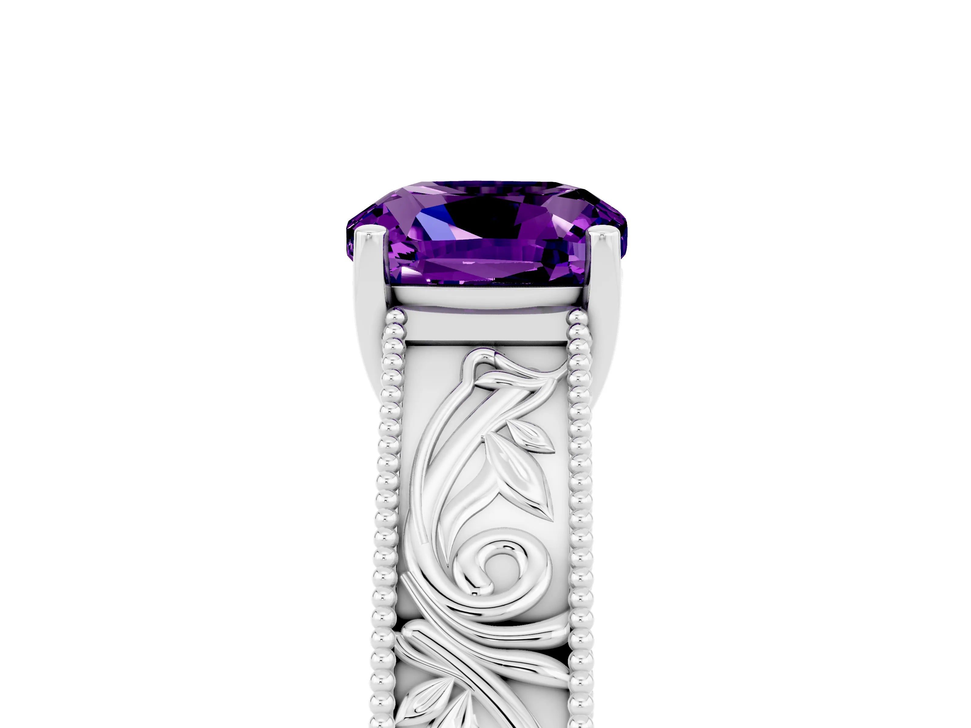 White gold Cushion Cut Amethyst Solitaire Ring with Engraved Band and Four-Prong Setting_5