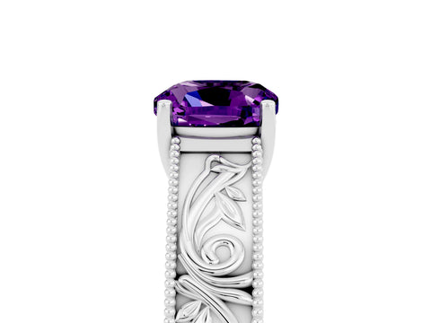White gold Cushion Cut Amethyst Solitaire Ring with Engraved Band and Four-Prong Setting_5