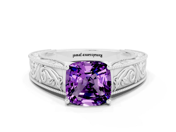 Silver Cushion Cut Amethyst Solitaire Ring with Engraved Band and Four-Prong Setting