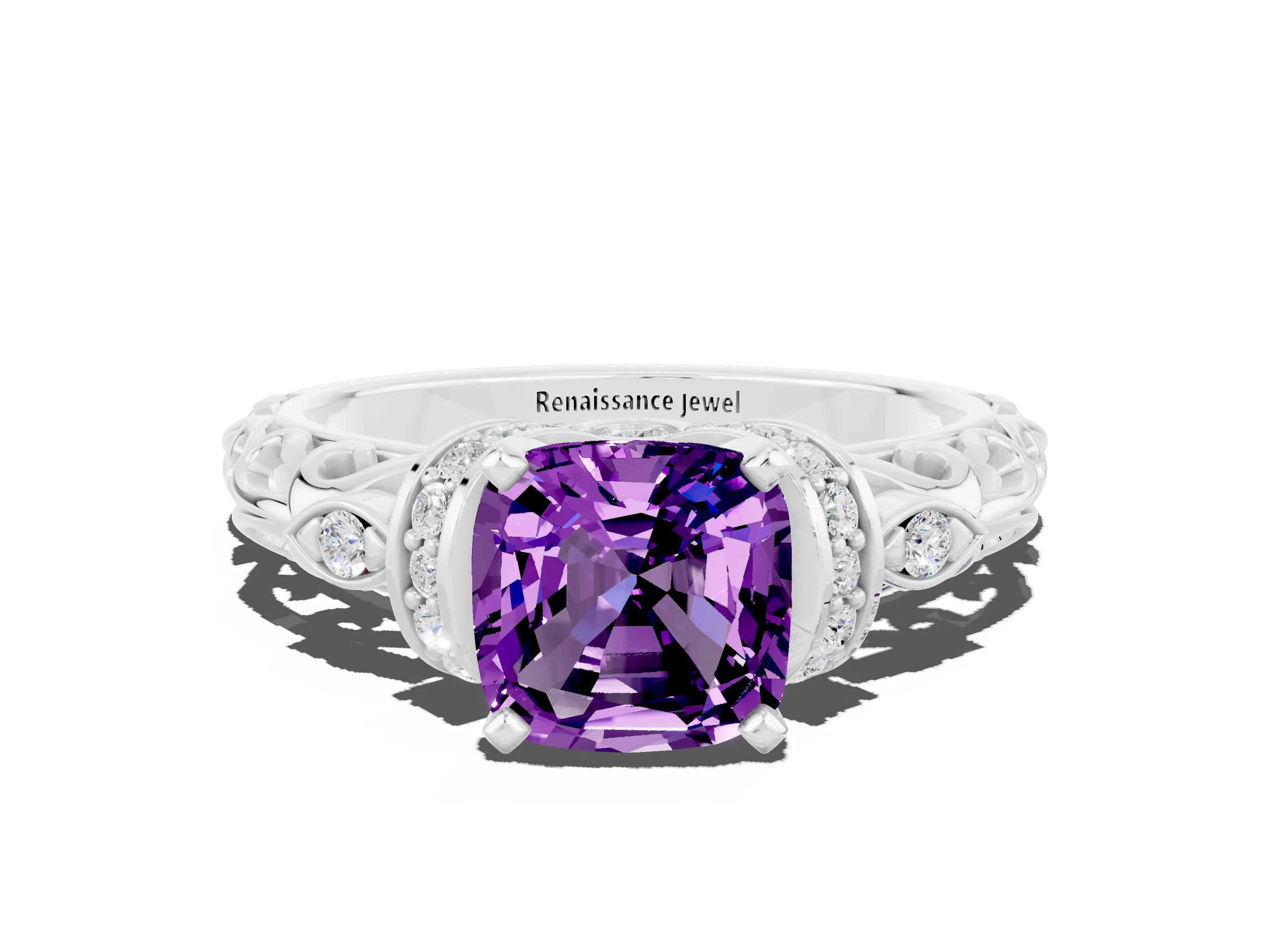 White gold Cushion Cut Amethyst Solitaire Ring with Filigree Band and Four-Prong Setting_24
