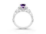 White gold Cushion Cut Amethyst Solitaire Ring with Filigree Band and Four-Prong Setting_25