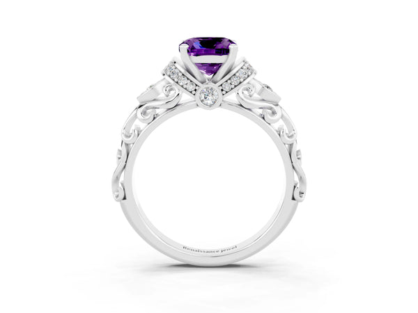 Platinum Cushion Cut Amethyst Solitaire Ring with Filigree Band and Four-Prong Setting