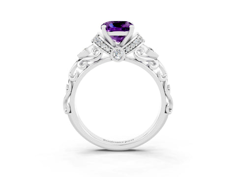 White gold Cushion Cut Amethyst Solitaire Ring with Filigree Band and Four-Prong Setting_25