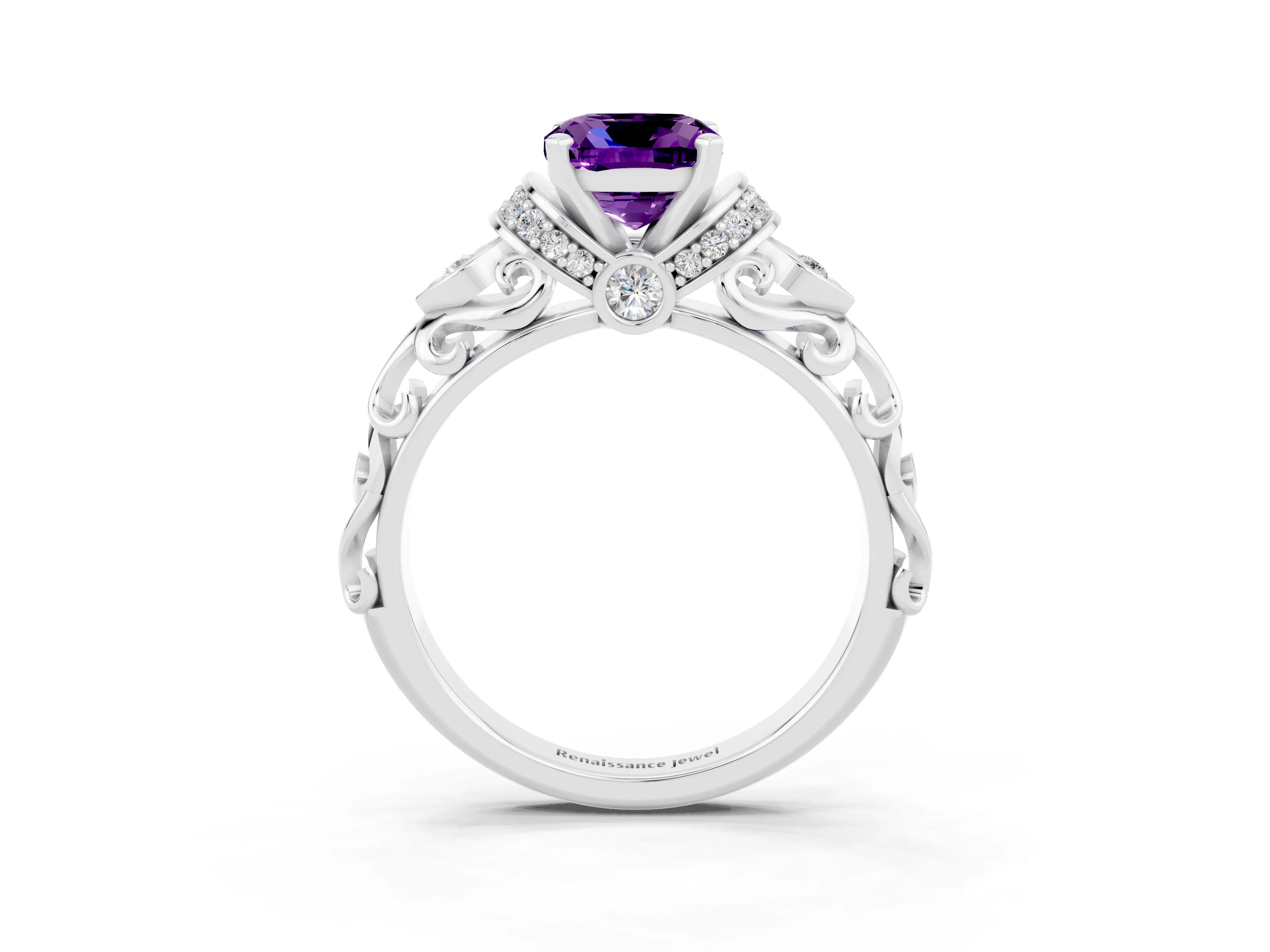 White gold Cushion Cut Amethyst Solitaire Ring with Filigree Band and Four-Prong Setting_25