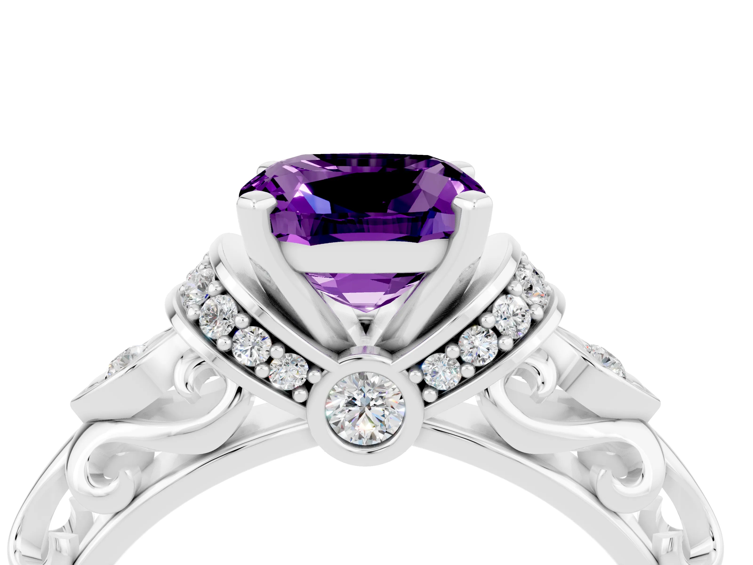 White gold Cushion Cut Amethyst Solitaire Ring with Filigree Band and Four-Prong Setting_26