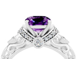 White gold Cushion Cut Amethyst Solitaire Ring with Filigree Band and Four-Prong Setting_26