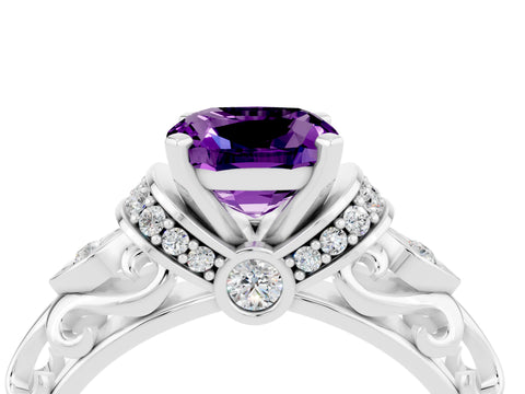 White gold Cushion Cut Amethyst Solitaire Ring with Filigree Band and Four-Prong Setting_26