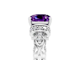 White gold Cushion Cut Amethyst Solitaire Ring with Filigree Band and Four-Prong Setting_27