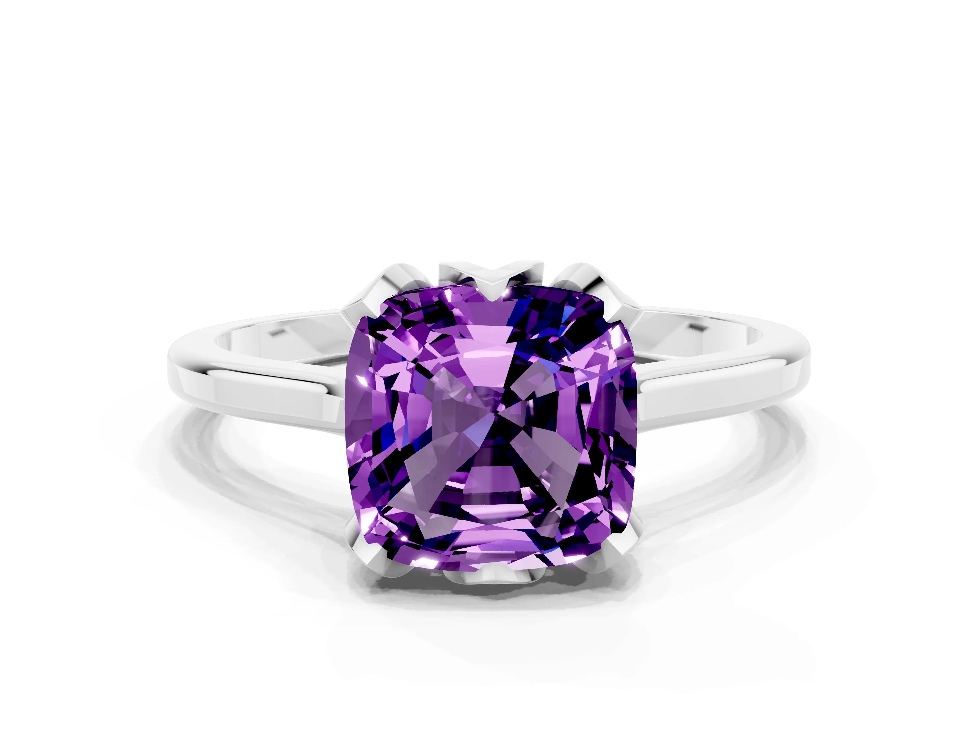 White gold Cushion Cut Amethyst Solitaire Ring with Flower Prong Setting and Classic Band_12