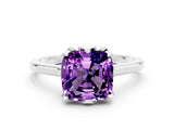 White gold Cushion Cut Amethyst Solitaire Ring with Flower Prong Setting and Classic Band_12