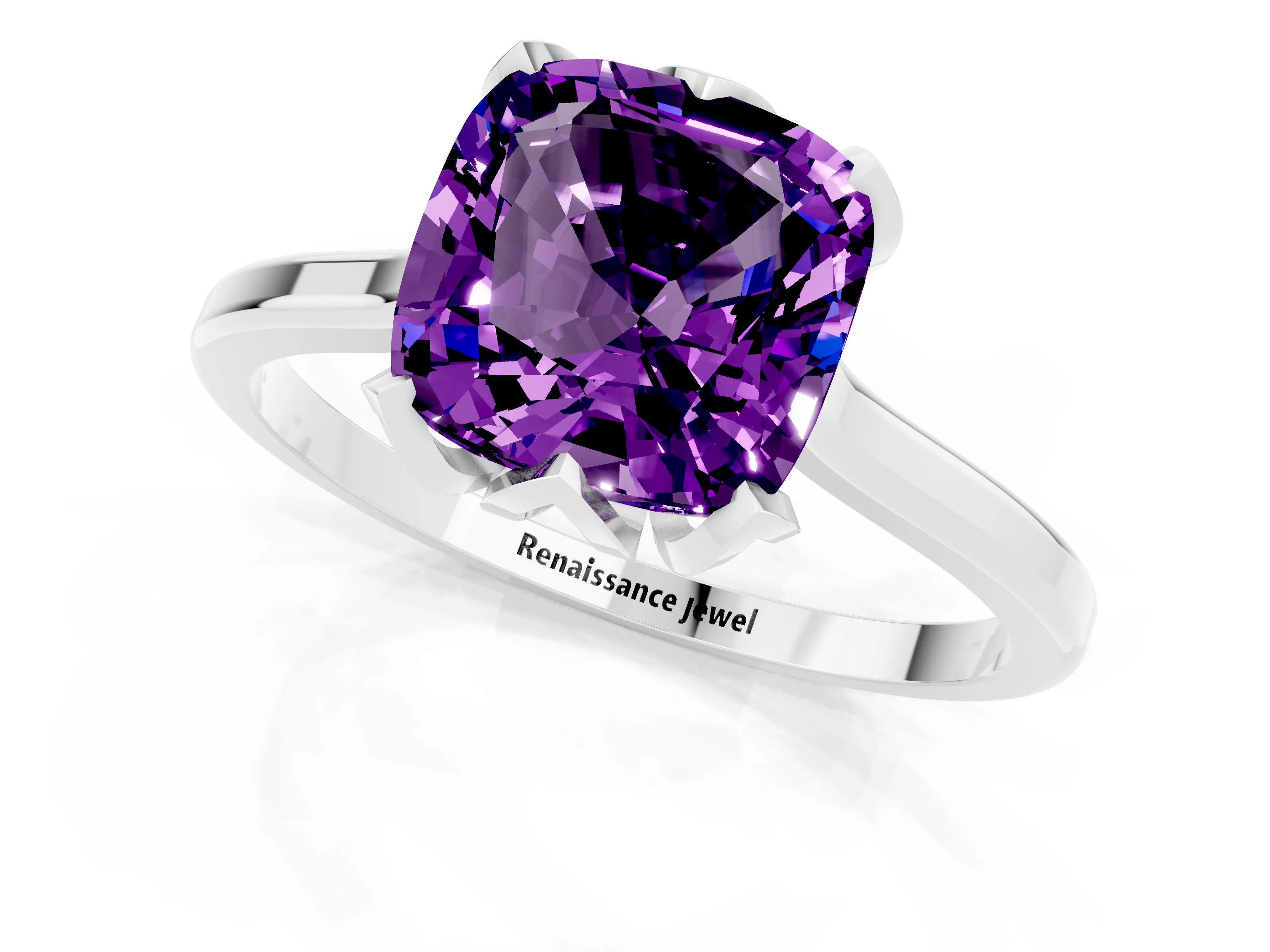 White gold Cushion Cut Amethyst Solitaire Ring with Flower Prong Setting and Classic Band_13