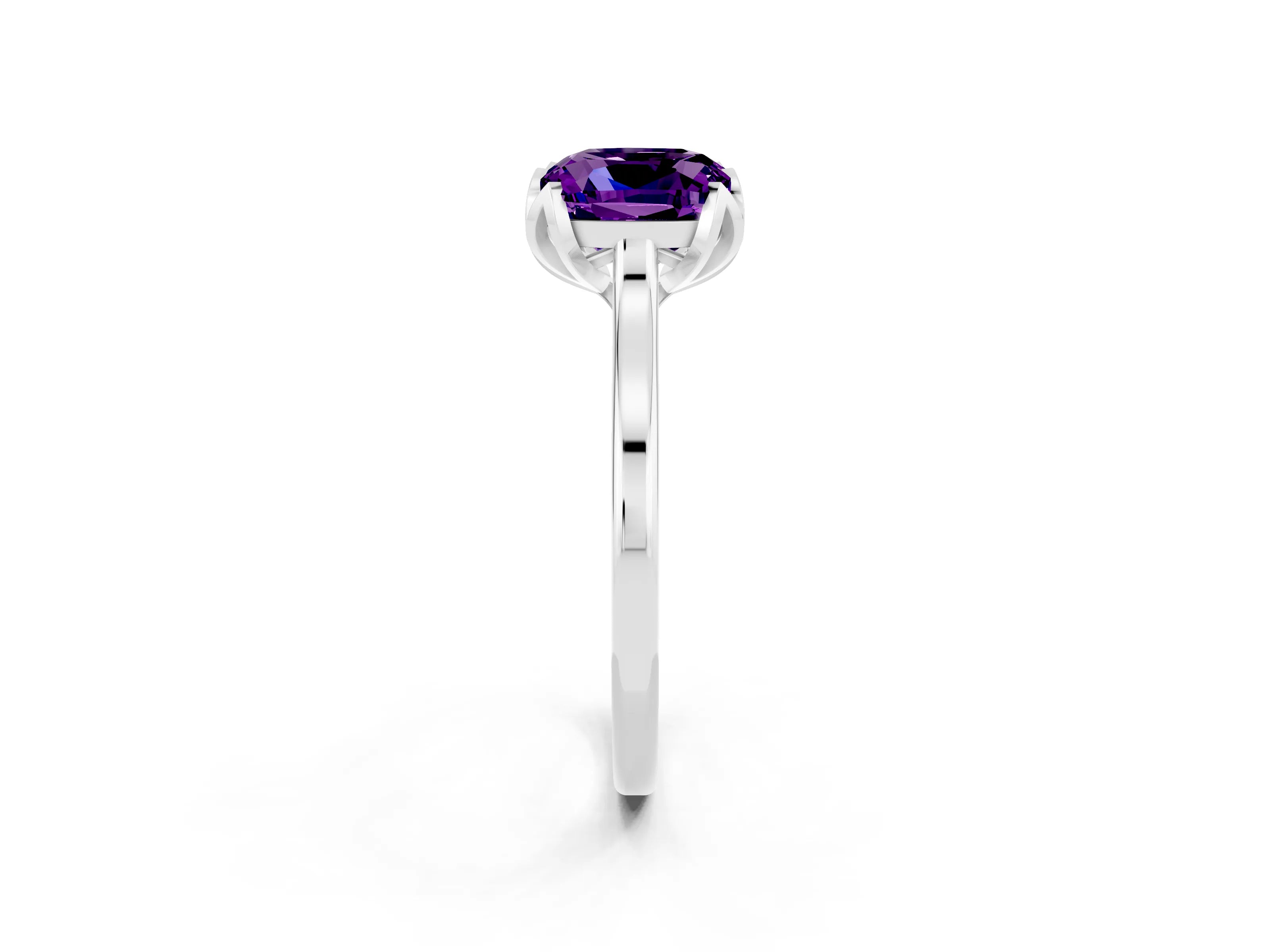 White gold Cushion Cut Amethyst Solitaire Ring with Flower Prong Setting and Classic Band_14
