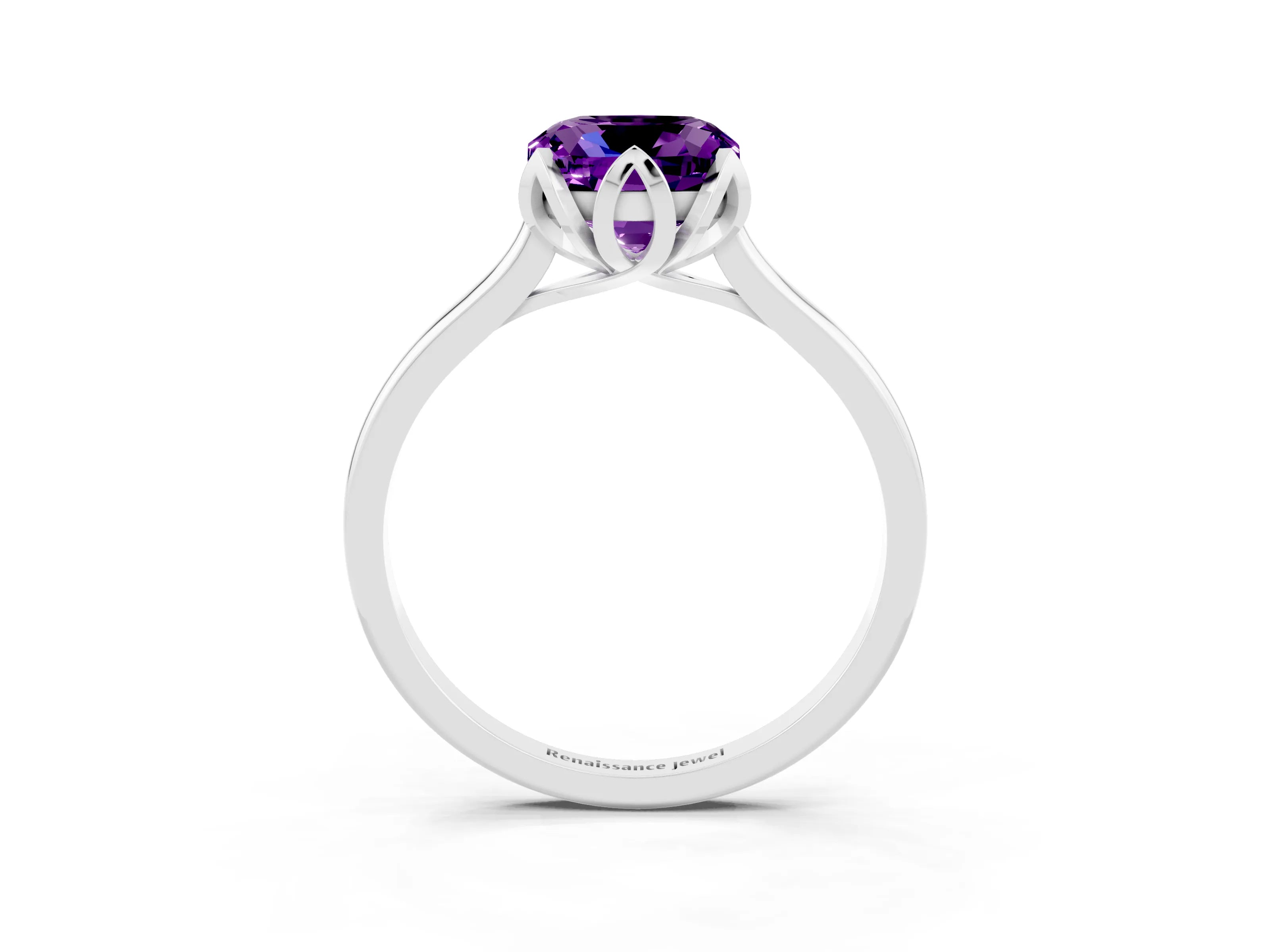 White gold Cushion Cut Amethyst Solitaire Ring with Flower Prong Setting and Classic Band_15