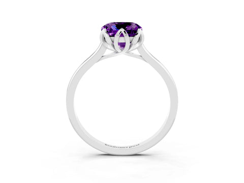 White gold Cushion Cut Amethyst Solitaire Ring with Flower Prong Setting and Classic Band_15