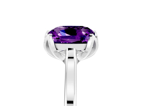 White gold Cushion Cut Amethyst Solitaire Ring with Flower Prong Setting and Classic Band_17