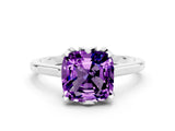 White gold Cushion Cut Amethyst Solitaire Ring with Flower Prong Setting and Classic Band_36